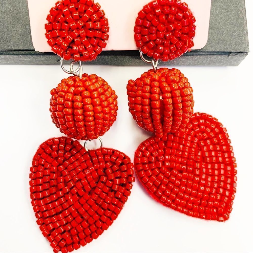 Red Boho Beaded Dangle Heart Earrings